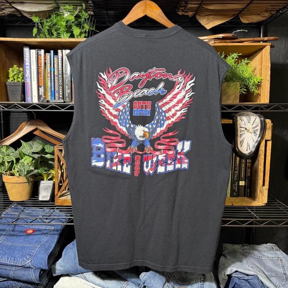 Vintage Y2K Daytona Beach Bike Week Tank Top Faded Black USA Eagle Tee Shirt XL